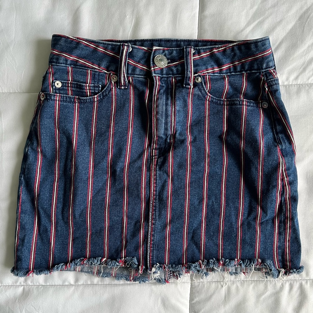 American Eagle - Red & White Vertical Striped Jean Skirt